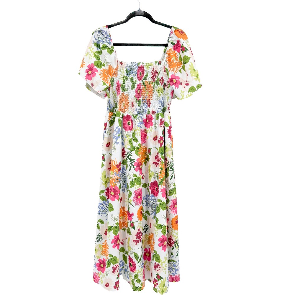BloomChic Dress Womens 14-16 White Floral Smock Midi Square Neck Flutter Sleeve